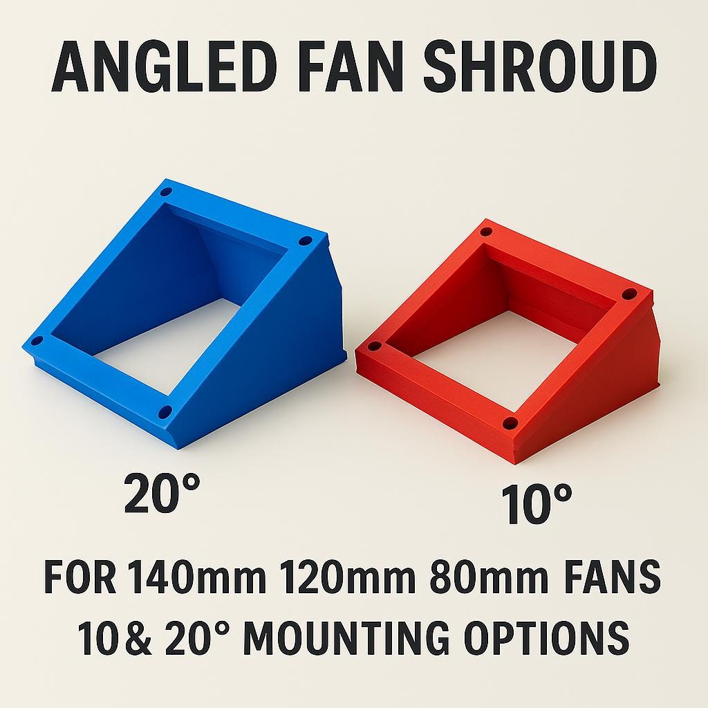 Fan Shroud | 140mm 120mm 80mm | 10 & 20 Degree Angled Fan Mount | Airflow Direction Guide | 3D Printed Fan Accessory 20+ Colors