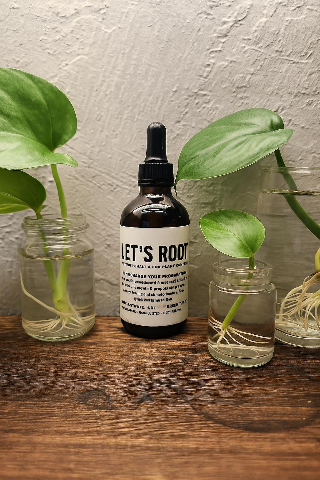 rooting hormones in a bottle sitting next to 3 jars or water all with plants that are rooting very fast and nigmce white roots.