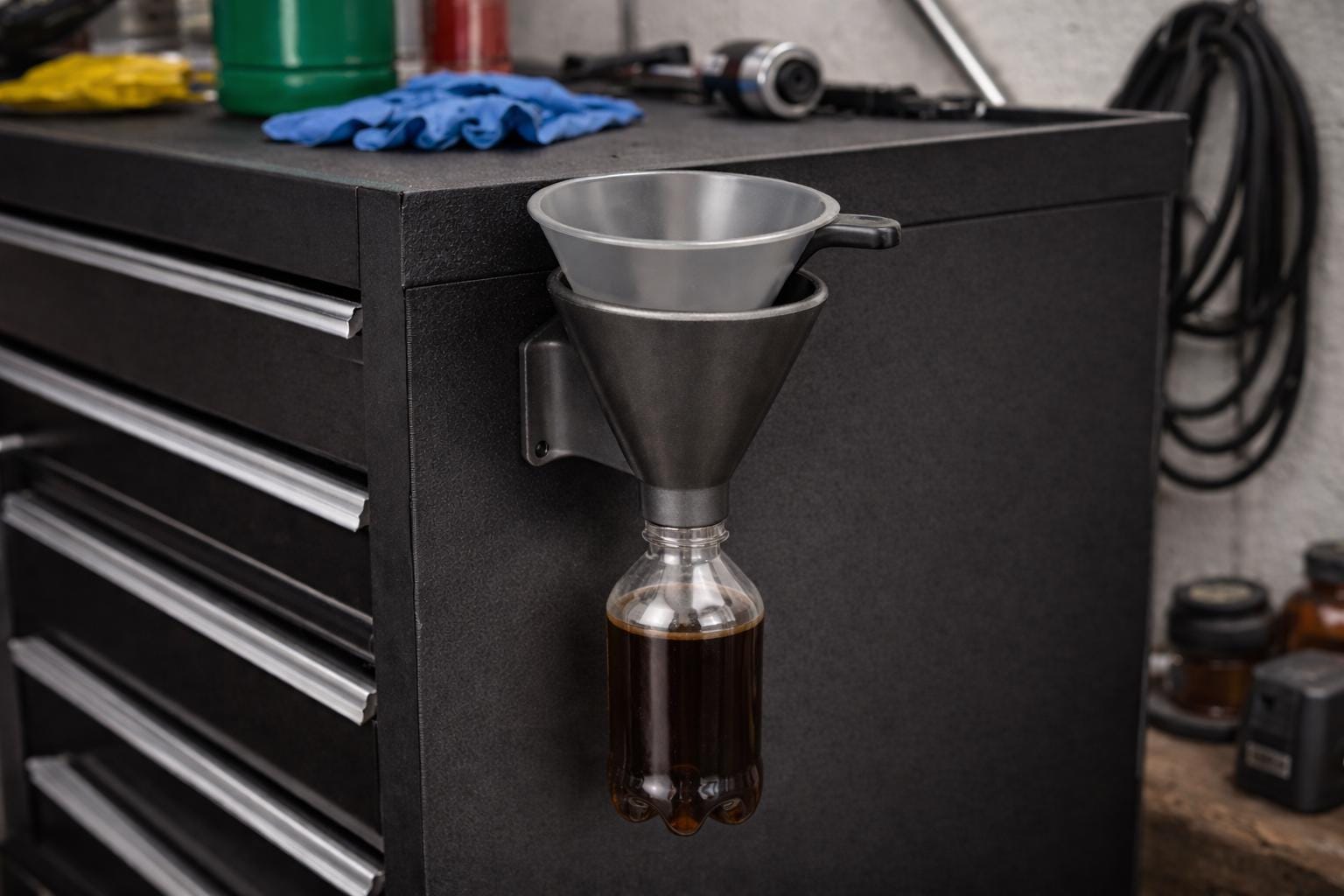 Leak-Proof Magnetic Funnel Holder | Drip Drain Rack for Toolboxes, Lifts & Service Carts