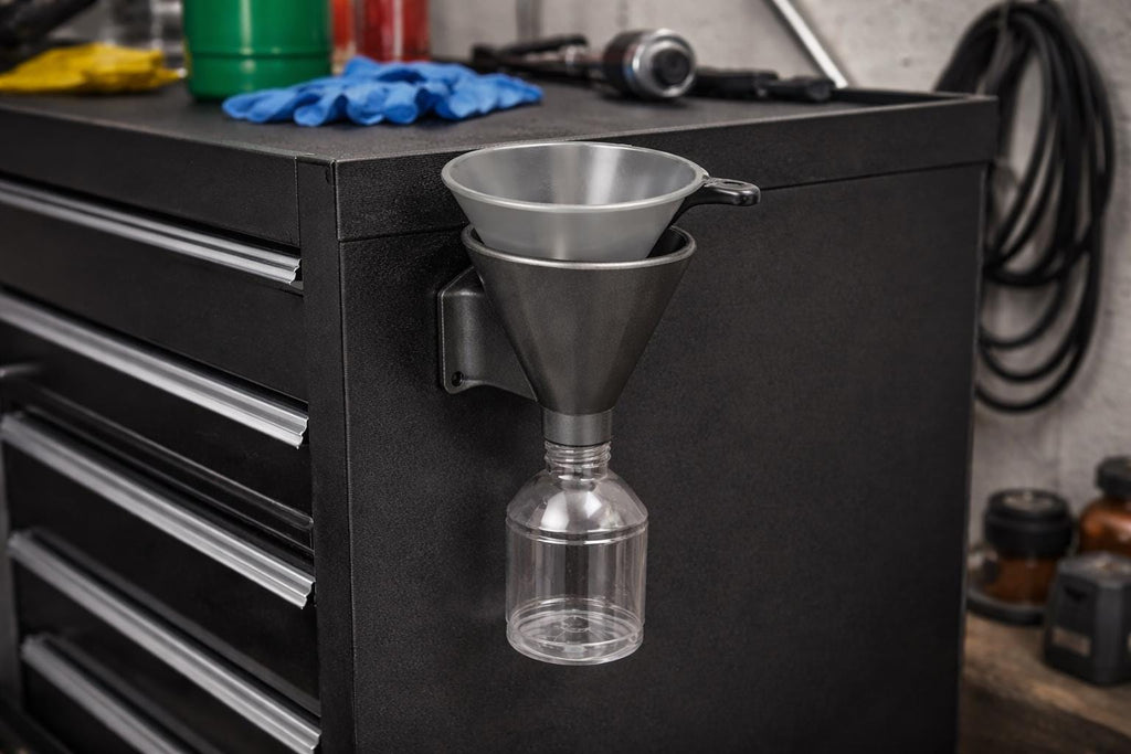 Leak-Proof Magnetic Funnel Holder | Drip Drain Rack for Toolboxes, Lifts & Service Carts