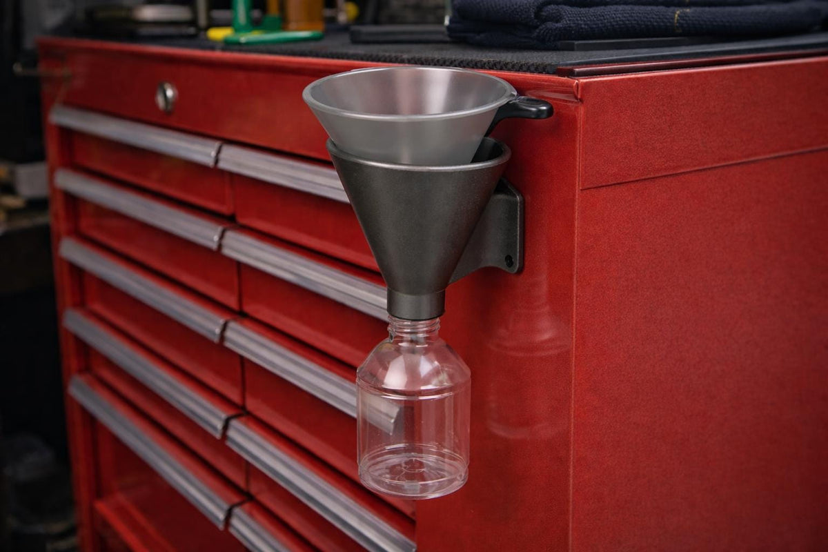 Leak-Proof Magnetic Funnel Holder | Drip Drain Rack for Toolboxes, Lifts & Service Carts